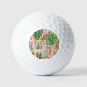 Watercolor llamas, cacti: seamless pattern. golf balls