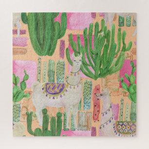 Watercolor llamas, cacti: seamless pattern. jigsaw puzzle