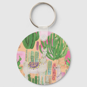 Watercolor llamas, cacti: seamless pattern. key ring