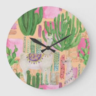 Watercolor llamas, cacti: seamless pattern. large clock