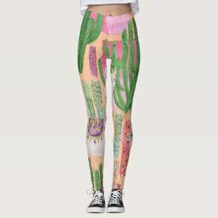 Watercolor llamas, cacti: seamless pattern. leggings