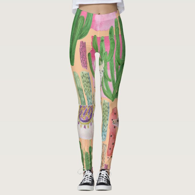 Watercolor llamas, cacti: seamless pattern. leggings (Front)
