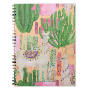 Watercolor llamas, cacti: seamless pattern. notebook