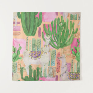 Watercolor llamas, cacti: seamless pattern. tapestry