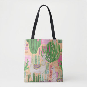 Watercolor llamas, cacti: seamless pattern. tote bag