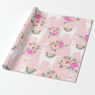 Watercolor Llama's on Coral pink Wrapping Paper