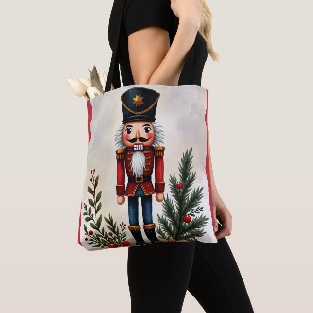 Watercolor llustrated Christmas Nutcracker Tote Bag (Close Up)