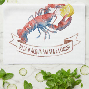 Watercolor Lobster and Lemon Italian Tea Towel