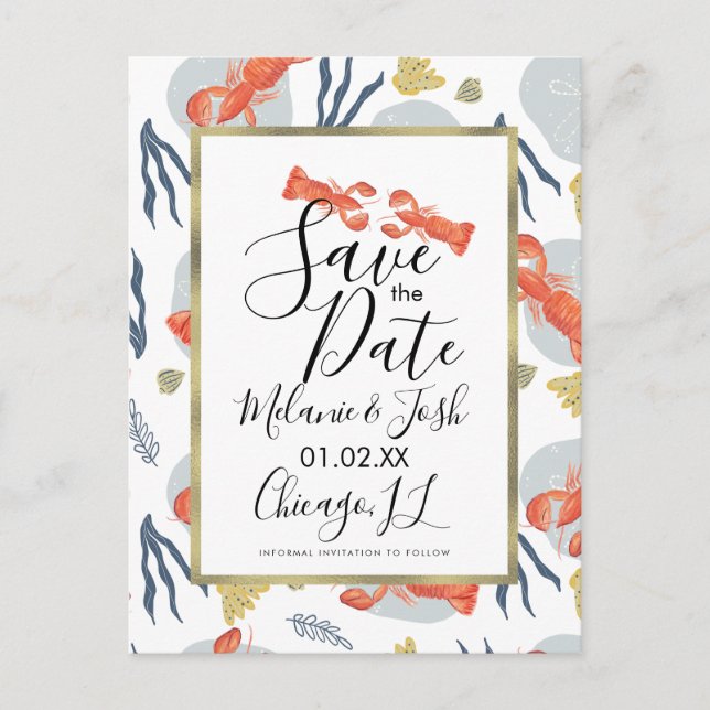Watercolor Lobster Crawfish Floral Save the Date  Postcard (Front)