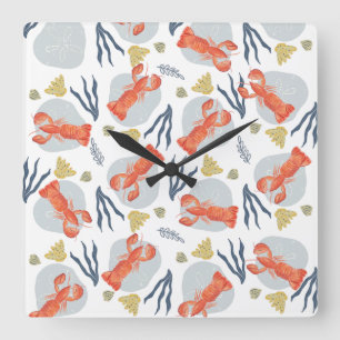 Watercolor Lobster Crustacean Beach Sand Dollars  Square Wall Clock