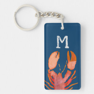 Watercolor Lobster Monogram Nautical Key Ring