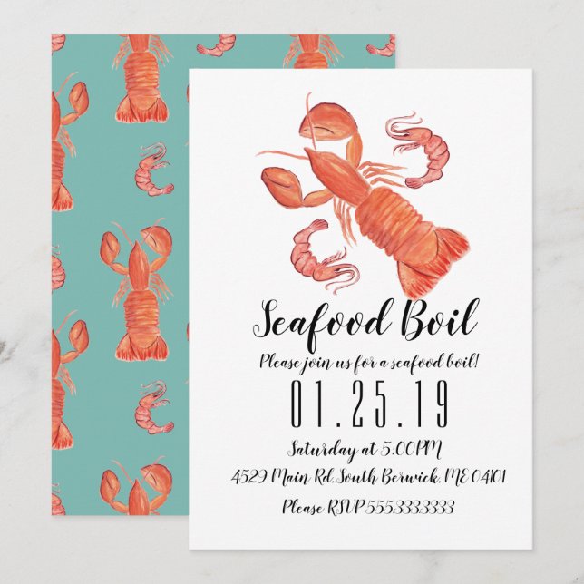 Watercolor Lobster Party Boil Shrimp Dinner Announ Announcement (Front/Back)