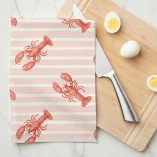 Watercolor Lobster Pattern on Soft Pink Stripes Tea Towel