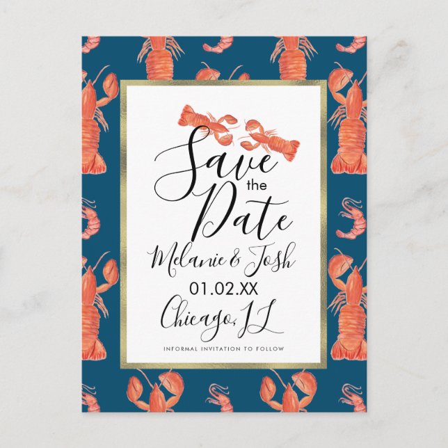 Watercolor Lobster Shrimp Crawfish Save the Date Postcard (Front)