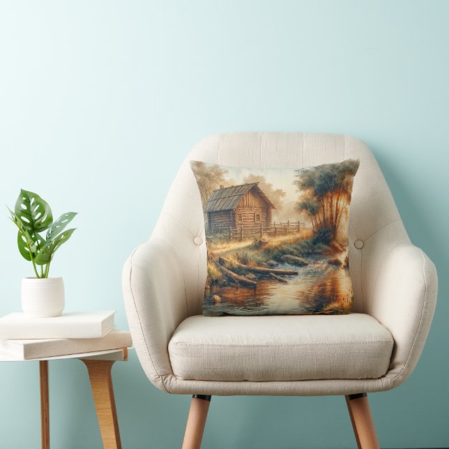 Watercolor Log Cabin In Morning Mist Cushion (Chair)