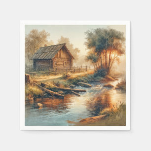 Watercolor Log Cabin In Morning Mist Napkin