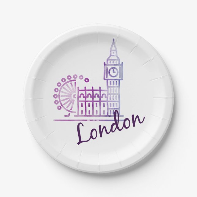 Watercolor London Big Ben Paper Plates – British  (Front)