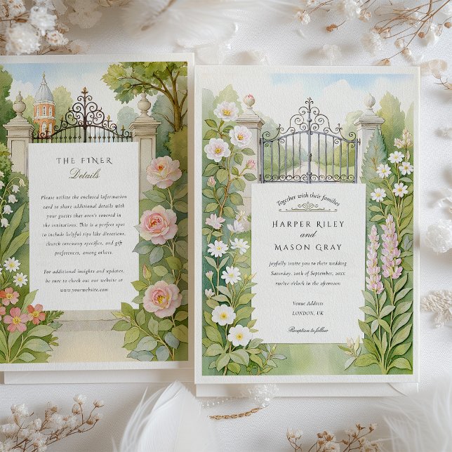 Watercolor London Iron Gates & Flowers Wedding Invitation (Creator Uploaded)