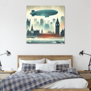 Watercolor London Skyline with Dirigible Canvas Print