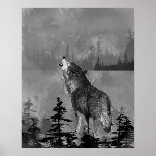 Watercolor Lonely Howling Wolf Animal Art Poster