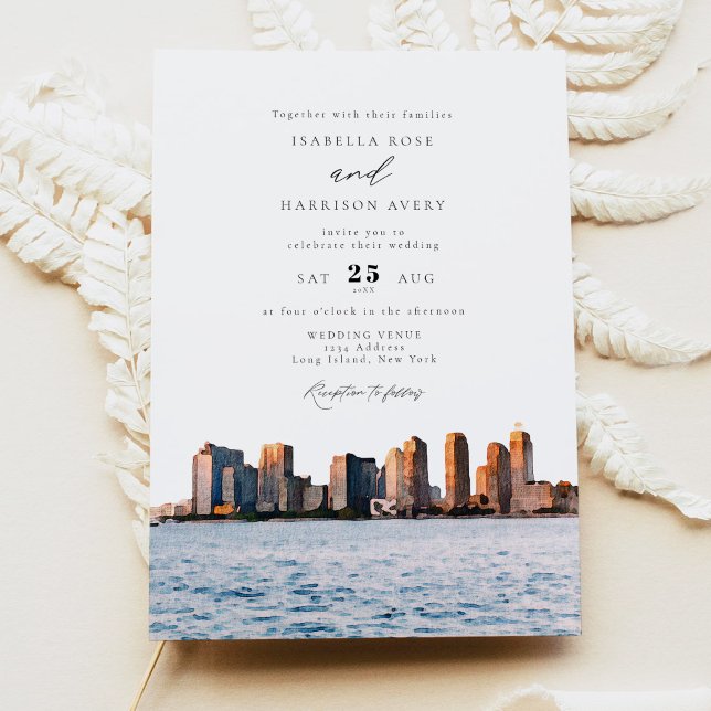 Watercolor Long Island New York Skyline Wedding Invitation (Creator Uploaded)