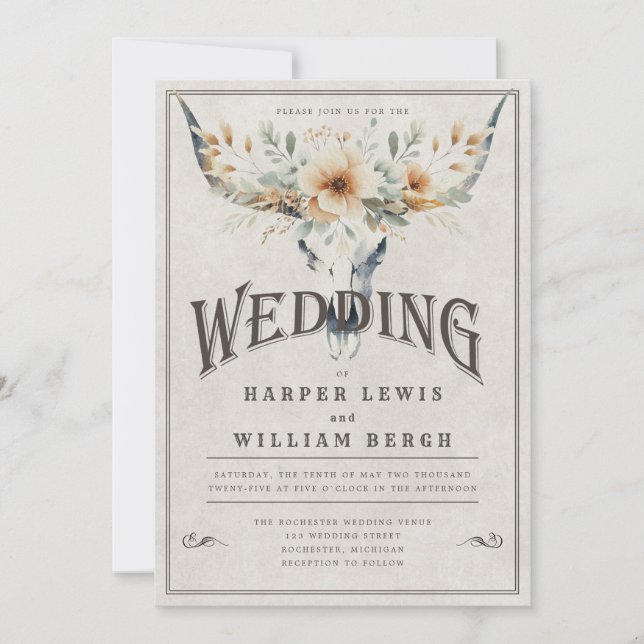 Watercolor longhorn skull wedding invitation (Front)