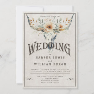 Watercolor longhorn skull wedding invitation