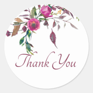 Watercolor loose pink floral  thank you  classic r round sticker