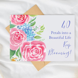 Watercolor Loose Roses  & Hydrangea 40th Birthday Card