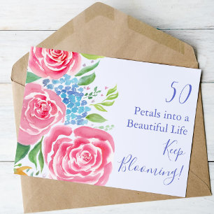 Watercolor Loose Roses  & Hydrangea 50th Birthday Card