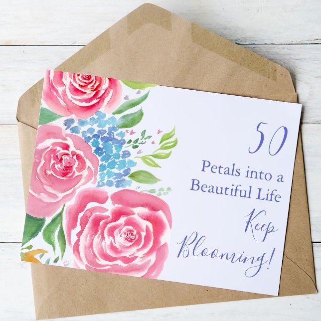 Watercolor Loose Roses  & Hydrangea 50th Birthday Card (Creator Uploaded)
