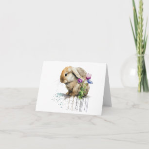 Watercolor Lop Bunny Rabbit with Flowers BLANK Card