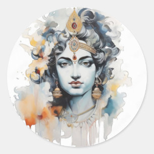 Watercolor Lord Krishna face Classic Round Sticker