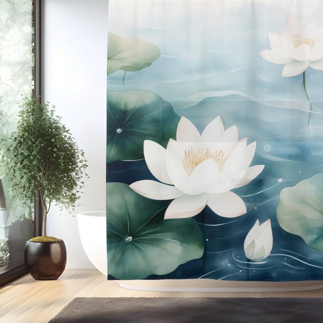 Watercolor Lotus Blossom Dreamscape Japanese Style Shower Curtain (Creator Uploaded)