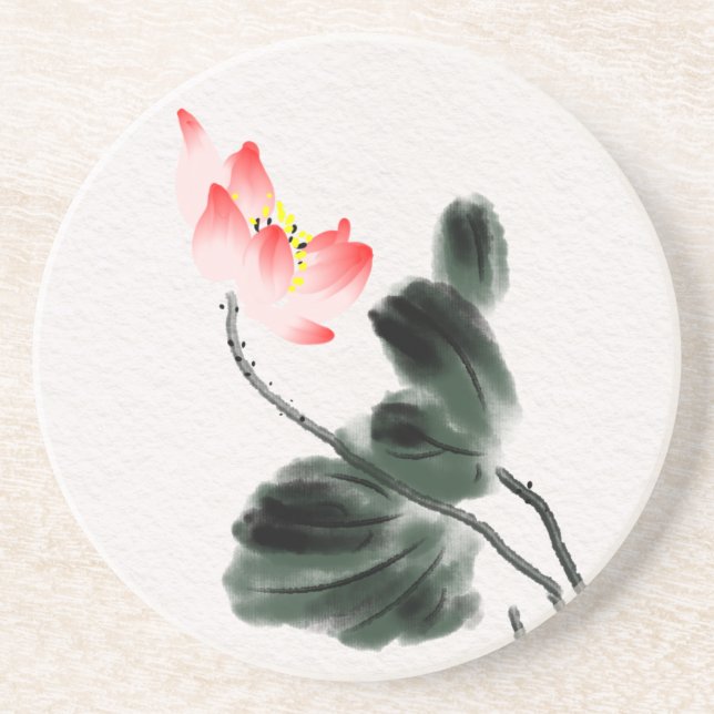 Watercolor Lotus Floral Chinoiserie Ink Wash Art  Coaster (Front)
