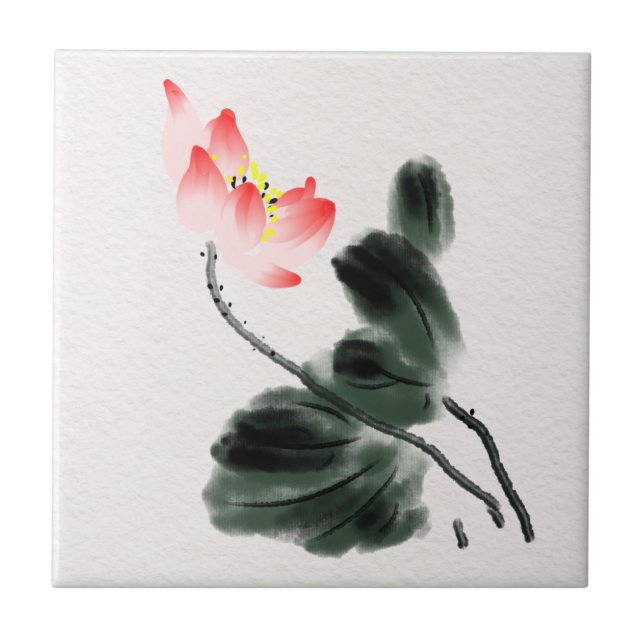 Watercolor Lotus Floral Chinoiserie Ink Wash Art Tile (Front)