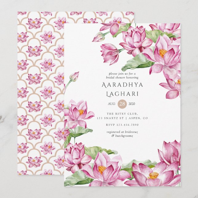 Watercolor Lotus Flower Indian Bridal Shower Invitation (Front/Back)