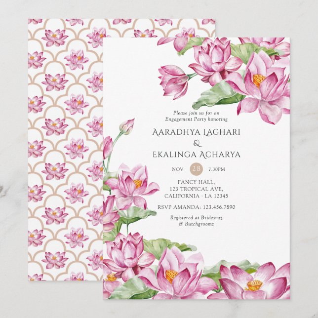 Watercolor Lotus Flower Indian Engagement Party Invitation (Front/Back)