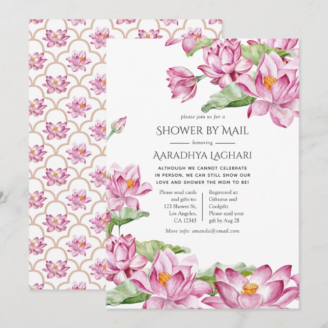 Watercolor Lotus Flower Indian Shower by Mail Invitation (Front/Back)