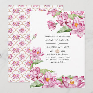 Watercolor Lotus Flower Indian Wedding Invitation