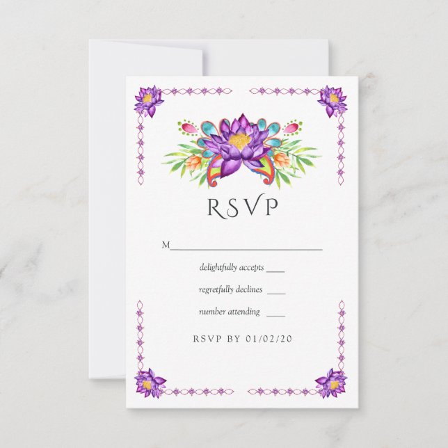 Watercolor Lotus Flower Indian Wedding RSVP Card (Front)
