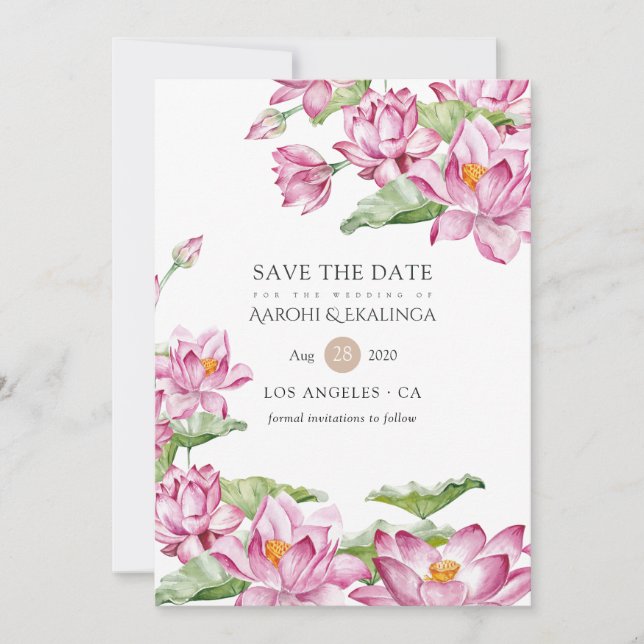Watercolor Lotus Flower Indian Wedding Save The Date (Front)