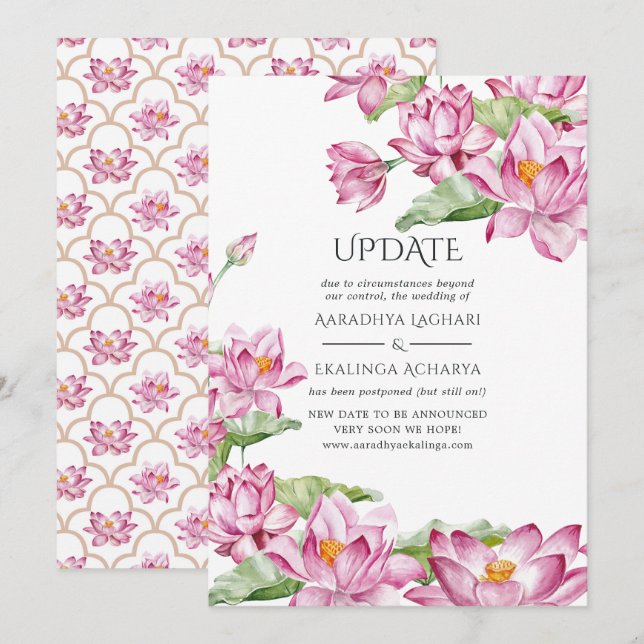 Watercolor Lotus Flower Indian Wedding Update Invitation (Front/Back)