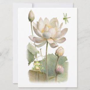 Watercolor Lotus Flowers, Frog and Dragonfly  Card
