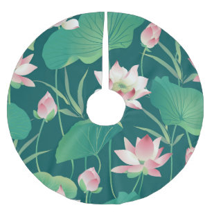 Watercolor lotus: vintage seamless flowers. brushed polyester tree skirt