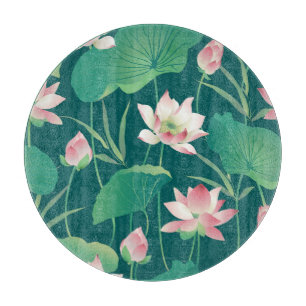 Watercolor lotus: vintage seamless flowers. cutting board