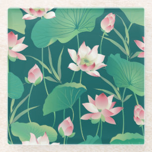 Watercolor lotus: vintage seamless flowers. glass coaster
