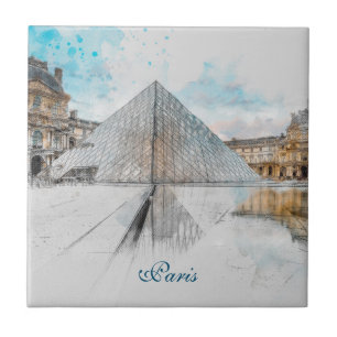 Watercolor Louvre, Paris Ceramic Tile 