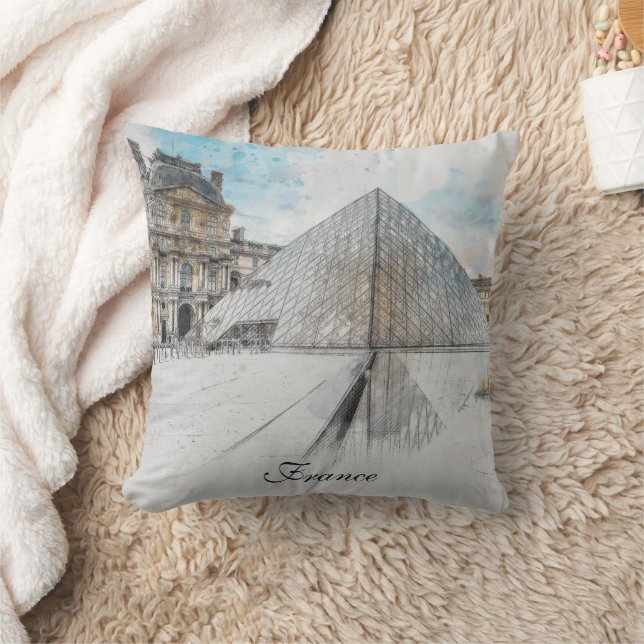 Watercolor Louvre Throw Pillow – Paris Travel Art  (Blanket)