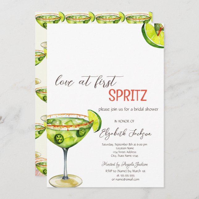 Watercolor  Love at First Spritz Green Invitation (Front/Back)